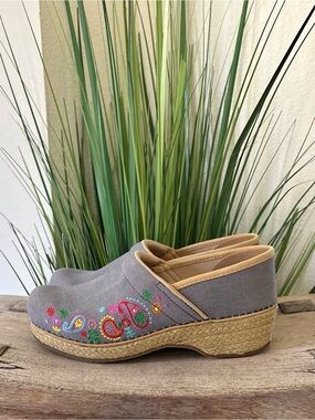 Dansko Vegan Canvas Embroidered Espadrille Mule Clogs